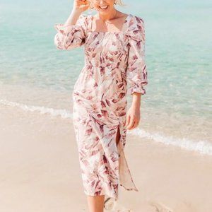 NWOT House of Harlow 1960 Palm Leaf Smock Linen Blend Midi Dress White P…